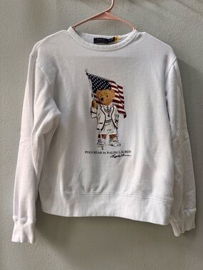 Ralph Lauren White Polo Bear Sweatshirt with American Flag. Rare item